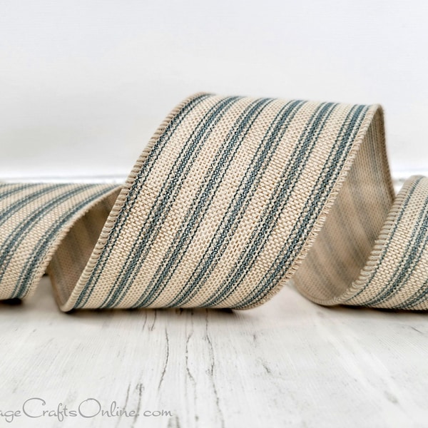 Blue and Ivory Cream Ticking Stripe Wired Ribbon, 2.5" wide, TEN YARD ROLL ~ Smoke Blue Ticking 40 ~ Summer, Spring, Wire Edged Ribbon