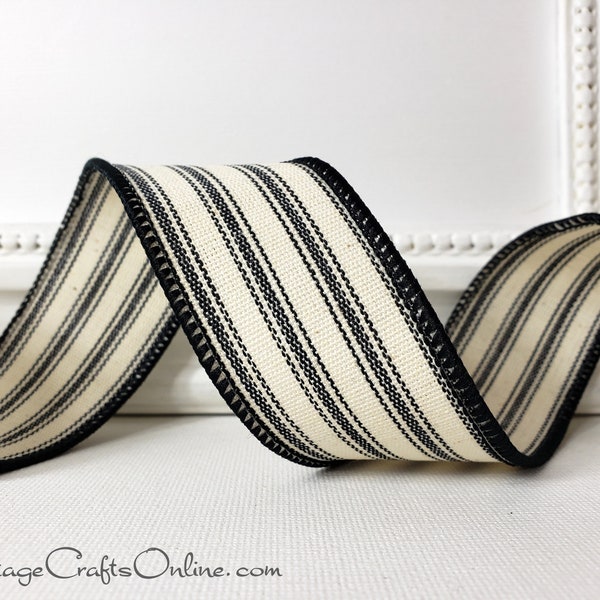 Wired Ribbon, 1 1/2" wide, Black and Ivory White Ticking Stripe - TEN YARD ROLL - Christmas, Summer, Spring, Wire Edged Ribbon