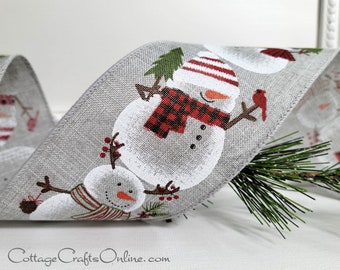 Christmas Wired Ribbon 2.5", Snowman on Grey Linen Look - TEN YARD ROLL ~ Sam ~ Snowpeople, Snow Woman Wire Edged Ribbon