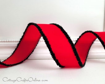 Christmas Wired Ribbon, 1 1/2" Red Velvet with Black Chenille Edges - TEN YARD ROLL ~ Felix ~  Holiday Craft Wired Edge Ribbon
