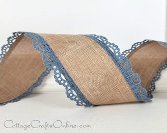 Wired Ribbon, 2.5", Scalloped Blue Eyelet Edge, Light Tan Linen Style - TEN YARD ROLL ~ Julia Faded Denim 40 ~ Divinely Royal Ribbon