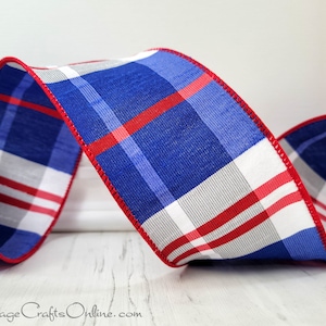 Wired Ribbon, 2.5" Red, White, Blue Plaid Faux Dupioni, TEN YARD ROLL ~ Adam 40 ~ Plaid, July 4th, Patriotic Wired Edge Ribbon