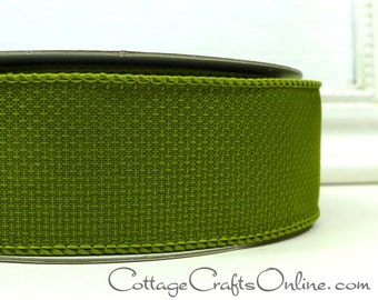 THREE YARDS,  Wired Ribbon, 1.5", Green Olive Hopsacking Texture - Offray ~ Rupert Moss ~ Fall, Thanksgiving, Christmas Wire Edged Ribbon