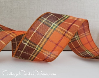 THREE YARDS,  Wired Ribbon, 2 1/2", Orange, Brown, Cranberry Red, Green, Gold Metallic Plaid ~ Harvest Tartan ~ Fall, Thanksgiving Wire Edge