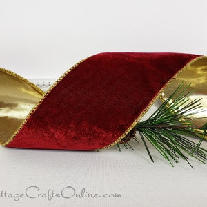 Christmas Velvet Wired Edge Ribbon, Burgundy/Gold, 1-1/2-Inch, 50