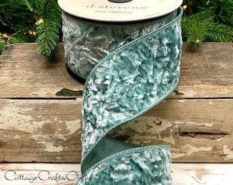 d. Stevens Wired Ribbon, 2 1/2"  Celadon Blue Plush Velvet, Taffeta Back - TEN YARD ROLL  -~ Velvet Crush ~ Aqua Luxury Christmas Ribbon