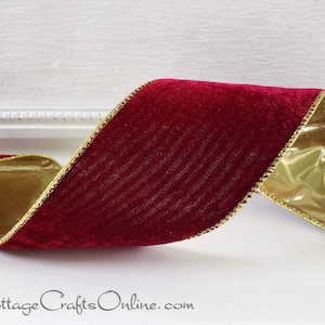 THREE YARDS, Christmas Wired Ribbon, 2 1/2" Burgundy Red Velvet, Gold Metallic Lame -  Offray "Vallise Burgundy" Craft Wire Edged Ribbon