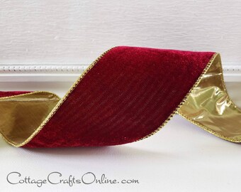 THREE YARDS, Christmas Wired Ribbon, 2 1/2" Burgundy Red Velvet, Gold Metallic Lame -  Offray "Vallise Burgundy" Craft Wire Edged Ribbon