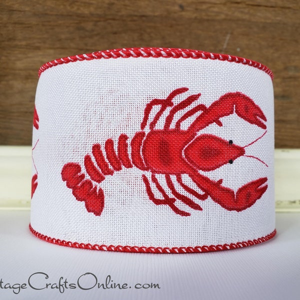 Wired Ribbon, 2.5" Red Crawfish on White Faux Linen - TEN YARD ROLL ~ Gumbo White ~ Summer, Americana, Louisiana Wire Edged Ribbon