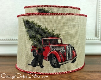 d. Stevens Christmas Wired Ribbon, 4" Red Truck, Black Dog, Christmas Tree - TEN YARD ROLL - "Christmas Tree and Dog" Craft,  Ribbon