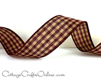 THREE YARDS, Wired Ribbon, 1.5", Burgundy and Beige Tan Gingham Check  ~ Prelude ~ Tea Dye Prim Fall, Christmas Wire Edged Ribbon