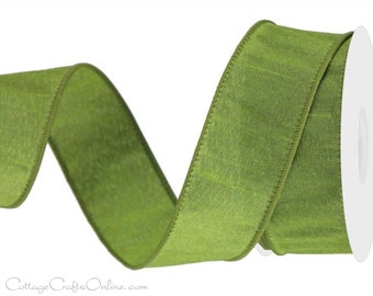 Wired Ribbon, 1.5"  Lime Green Faux Dupioni  - TEN YARD ROLL ~ Silkie ~ Christmas, St. Patricks, Easter Wire Edge Ribbon