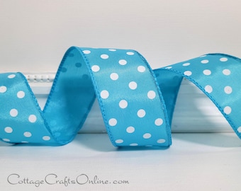 Wired Ribbon, 1.5", Blue with White Polka Dots - TEN YARD ROLL ~  Lots of Dots 9 ~  Turquoise, Spring,  Christmas Wire Edged Ribbon