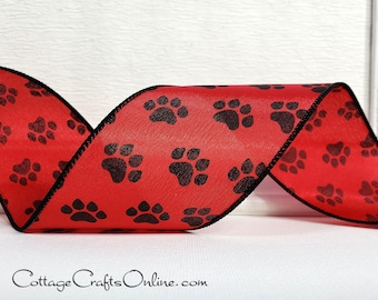 Wired Ribbon 2 1/2" Black Paw Print on Red Satin - TEN YARD ROLL -  "Paw Red" Spring, Summer, Animal, Dog, Cat Craft Wire Edged Ribbon