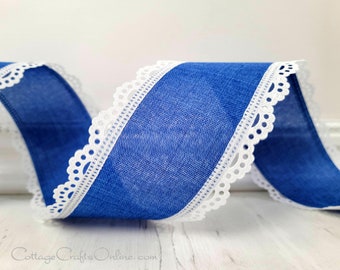 Royal Blue Wired Ribbon, 2.5" wide, White Scalloped Lace Eyelet Edge, Linen Style - TEN YARD ROLL ~ Julia 40 ~ Divinely Royal Ribbon