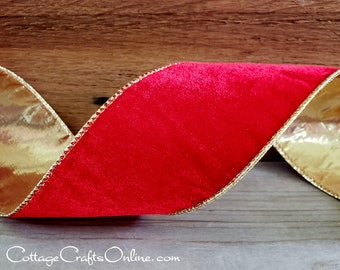 THREE YARDS, Christmas Wired Ribbon, 2 1/2" Red Velvet, Gold Metallic Lame -  Offray "Vallise Red" Valentine, Craft Wire Edged Ribbon