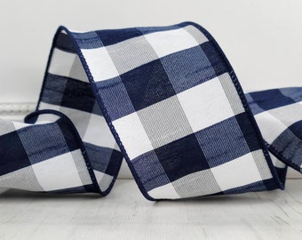 Navy Blue and White Check Faux Silk Dupioni Wired Ribbon, 2.5" wide, TEN YARD ROLL ~ Silkie Plaid ~  Summer, July 4th Wire Edged Ribbon