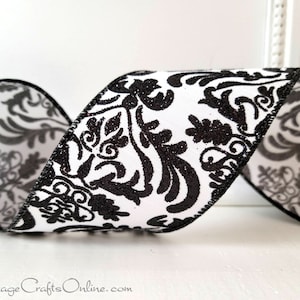 Black Glitter Damask on White Wired Ribbon, 2.5&quot; wide, TEN YARD ROLL ~ Dani ~ Faux Dupioni Wire Edged