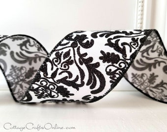 Black Glitter Damask on White Wired Ribbon, 2.5" wide, TEN YARD ROLL ~ Dani ~ Faux Dupioni Wire Edged