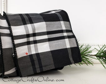 d. Stevens Wired Ribbon, 4", Black and White Faux Silk Plaid ~ TEN YARD Roll~ Adam 100 ~ Tartan Check  Christmas Wire Edged Ribbon