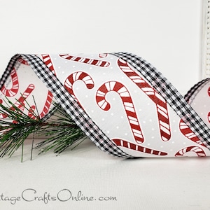 Christmas Wired Ribbon, 2.5&quot;, Candy Canes, Black White Check Gingham Edge - TEN YARD ROLL ~ Candy Cane Gingham ~ Wire Edged Ribbon