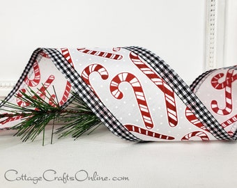 Christmas Wired Ribbon, 2.5", Candy Canes, Black White Check Gingham Edge - TEN YARD ROLL ~ Candy Cane Gingham ~ Wire Edged Ribbon