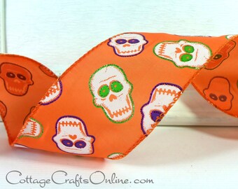 FIVE YARDS, Halloween Wired Ribbon, 2 1/2", Skeletons on Orange Satin, Glitter  ~ Skull Parade ~ #210712 Wire Edged Ribbon