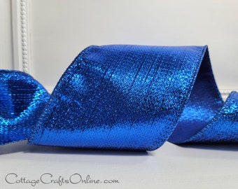 Wired Ribbon, 4" wide, Royal Blue Metallic Stripe - TEN YARD ROLL ~ Regina Blue 100 ~ Patriotic, Winter, Hanukkah Wire Edged Ribbon