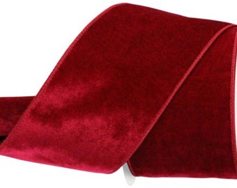 Christmas Wired Ribbon, 4" wide, Cranberry Velvet, Satin Back  - TEN YARD ROLL  ~ Lowell 100 ~ Red Craft Wire Edged Ribbon
