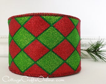 Wired Ribbon, 2 .5" wide, Red and Lime Green Harlequin Glitter - TEN YARD ROLL ~ Court Jester Christmas ~  Metallic Wire Edged Ribbon