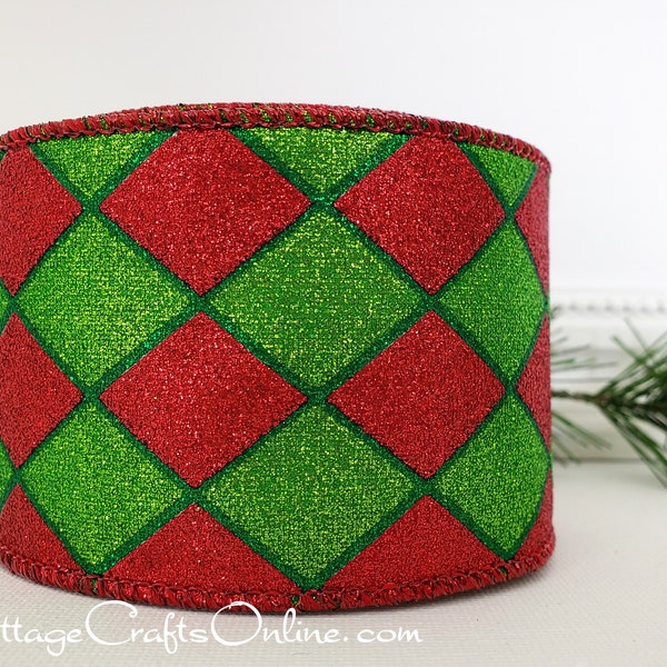 Wired Ribbon, 2 .5" wide, Red and Lime Green Harlequin Glitter - TEN YARD ROLL ~ Court Jester Christmas ~  Metallic Wire Edged Ribbon