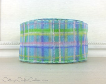 Wired Ribbon, 2.5" Blue, Green, Yellow, Pink, Purple Plaid Check - TWENTY FIVE YARD Roll ~ Pastel ~ Spring, Summer, Easter Sheer Ribbon