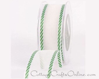 Wired Ribbon, 1 1/2" White Sheer, Green Diagonal Stripes - THREE YARDS - May Arts #10, #CWG3 St. Patricks, Christmas Ribbon Wire Edged