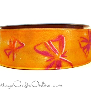 FIVE YARDS Wired Ribbon, 1.5&quot;,  Orange Butterfly Print Taffeta Satin - Offray ~ High Flying ~ Spring, Garden Craft Wire Edged Ribbon