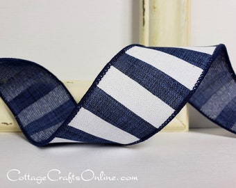 Wired Ribbon, 1.5" wide, Navy Blue and White Stripe - TEN YARD ROLL ~ Cabana Navy 9 ~ Horizontal Stripe Wire Edged Ribbon