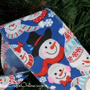 THREE YARDS, Christmas Wired Ribbon, 2.5 inches wide, Snowmen, Blue, Red Hats and Scarves ~ Snowman Elroy ~ Snowpeople Wire Edge Ribbon