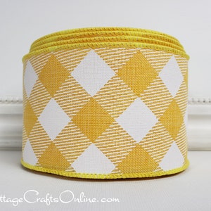 Ruban à bordure métallique 6,35 cm, à carreaux diagonaux jaunes et blancs ~ Rouleau de 9,94 m ~ Marli ~ Motif à carreaux audacieux, imitation lin, printemps/été