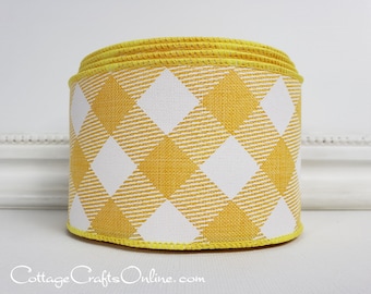 Wired Ribbon 2.5",  Yellow White Diagonal Check ~ TEN YARD ROLL ~ Marli ~ Bold Check Plaid Faux Linen, Spring, Summer Wire Edged Ribbon