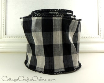 Wired Ribbon, 4" wide, Black, White Faux Silk Dupioni Plaid - TEN YARD ROLL - Offray ~ Bono ~ Check Wire Edged Ribbon