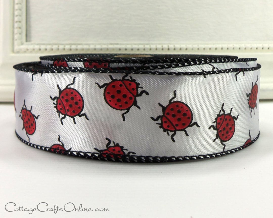 TWENTY FIVE YARD Roll, Wired Ribbon, 1.5 Inches Wide, Red Lady Bugs on ...