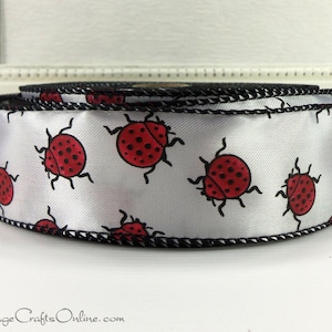 THREE YARDS, 1.5" wide Wired Ribbon Red Lady bugs on White Satin ~ Ladybug Parade ~ Spring, Summer Wire Edged