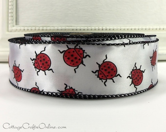 THREE YARDS, 1.5" wide Wired Ribbon Red Lady bugs on White Satin, ~ Ladybug Parade ~ Spring, Summer Craft Decor Wire Edged Ribbon