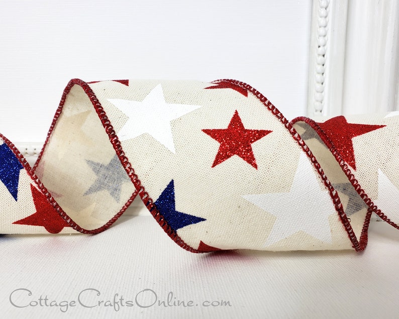 Wired Ribbon 2.5, Red and Blue Glitter, White Stars on Cotton Look TEN YARD ROLL Starry Patriotic, July 4th Wire Edge Ribbon image 2