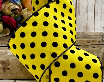 d. Stevens Wired Ribbon, 4" wide, Yellow with Black Flocked Polka Dots - TEN YARD ROLL ~  Spring, Summer Craft  Wire Edged Ribbon
