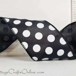 Wired Ribbon, 2.5&quot; wide, Black with White Polka Dots - TEN YARD ROLL ~ Noel 40 ~ Halloween, New Year&#39;s Wire Edged Ribbon
