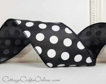 Wired Ribbon, 2.5" wide, Black with White Polka Dots - TEN YARD ROLL ~ Noel 40 ~ Halloween, New Year's Wire Edged Ribbon