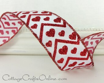 Valentine Wired Ribbon, 1 1/2" wide, Glittered Red Hearts Chevron Stripes - THREE YARDS - Offray "Heart Beat" Wire Edged Valentine Ribbon