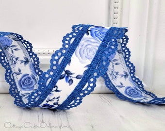 Wired Ribbon, 1.5" wide, Ble Mini Roses with Scalloped Lace Eyelet Edge - TEN YARD ROLL ~ Julia Rose 9 ~ Springe, Summer Wire Edged Ribbon