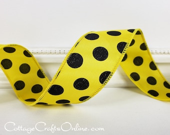 Wired Ribbon, 1.5" wide, Yellow with Black Polka Dots - TEN YARD ROLL ~ Noel 9 ~ Spring, Summer Craft 1.5" Wire Edged Ribbon