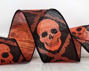 Halloween Wired Ribbon, 2.5", Skulls, Orange Metallic and Black, TEN YARD ROLL, Craft Wire Edged Ribbon